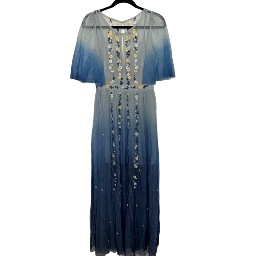 French Connection Blue Ombre Gauze Floral Embroidered Flutter Sleeve Maxi Dress - Picture 7 of 8